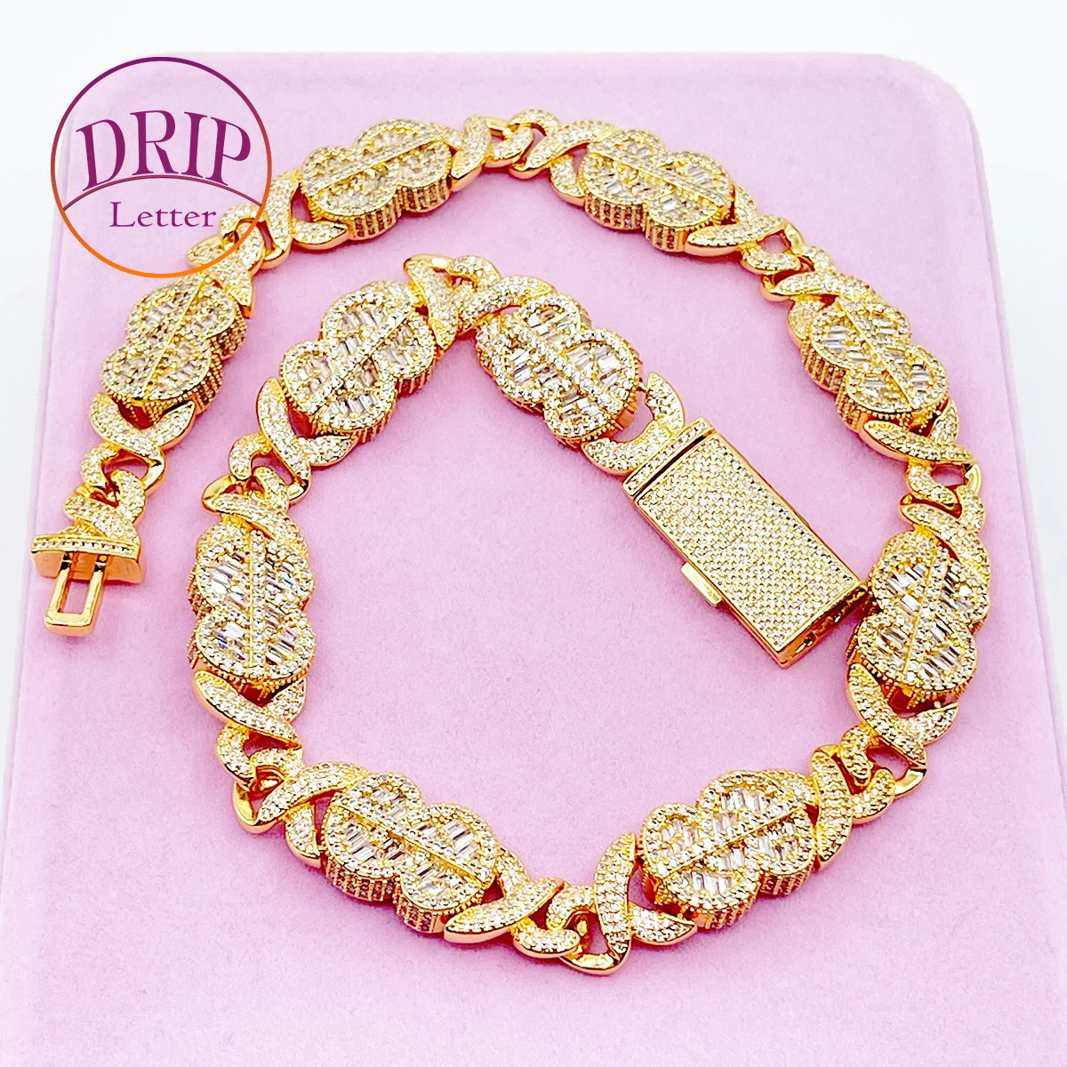 

Drip Letter Baguette 8 Shape Miami Cuban Link Chain for Men Iced Out Necklace Choker Prong Setting Real Gold Plated Jewelry