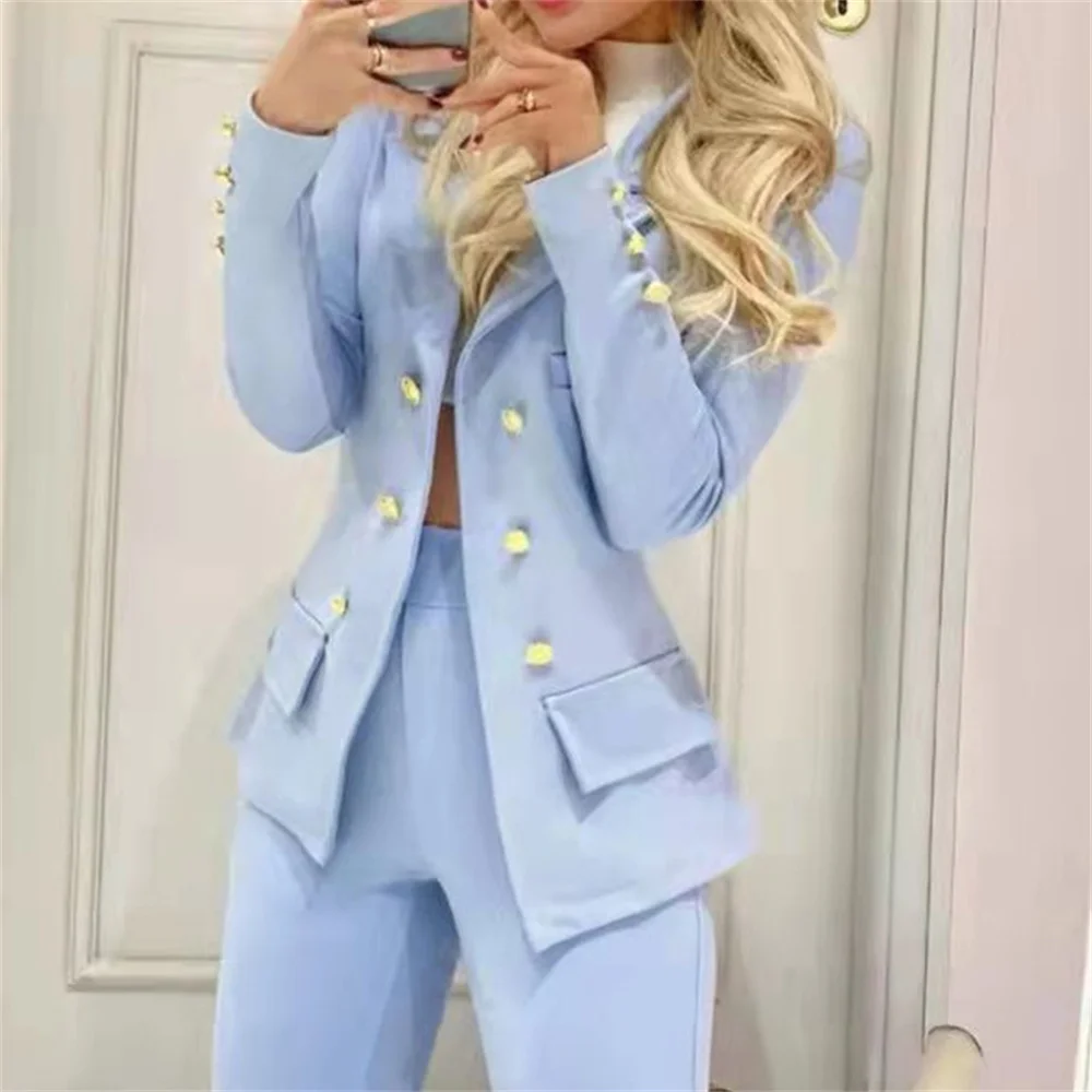 

Elegant Women Pant Set 2023 New in Casual Double Breasted Jacket whit Trousers Suit Female Clothing Office Lady 2 Piece Sets