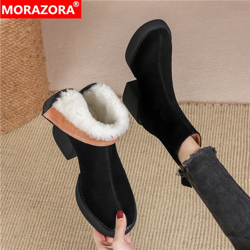 

MORAZORA 2024 New Suede Leather Snow Boots Women Shoes Zipper Platform Ankle Boots Black Brown Wool Warm Winter Booties