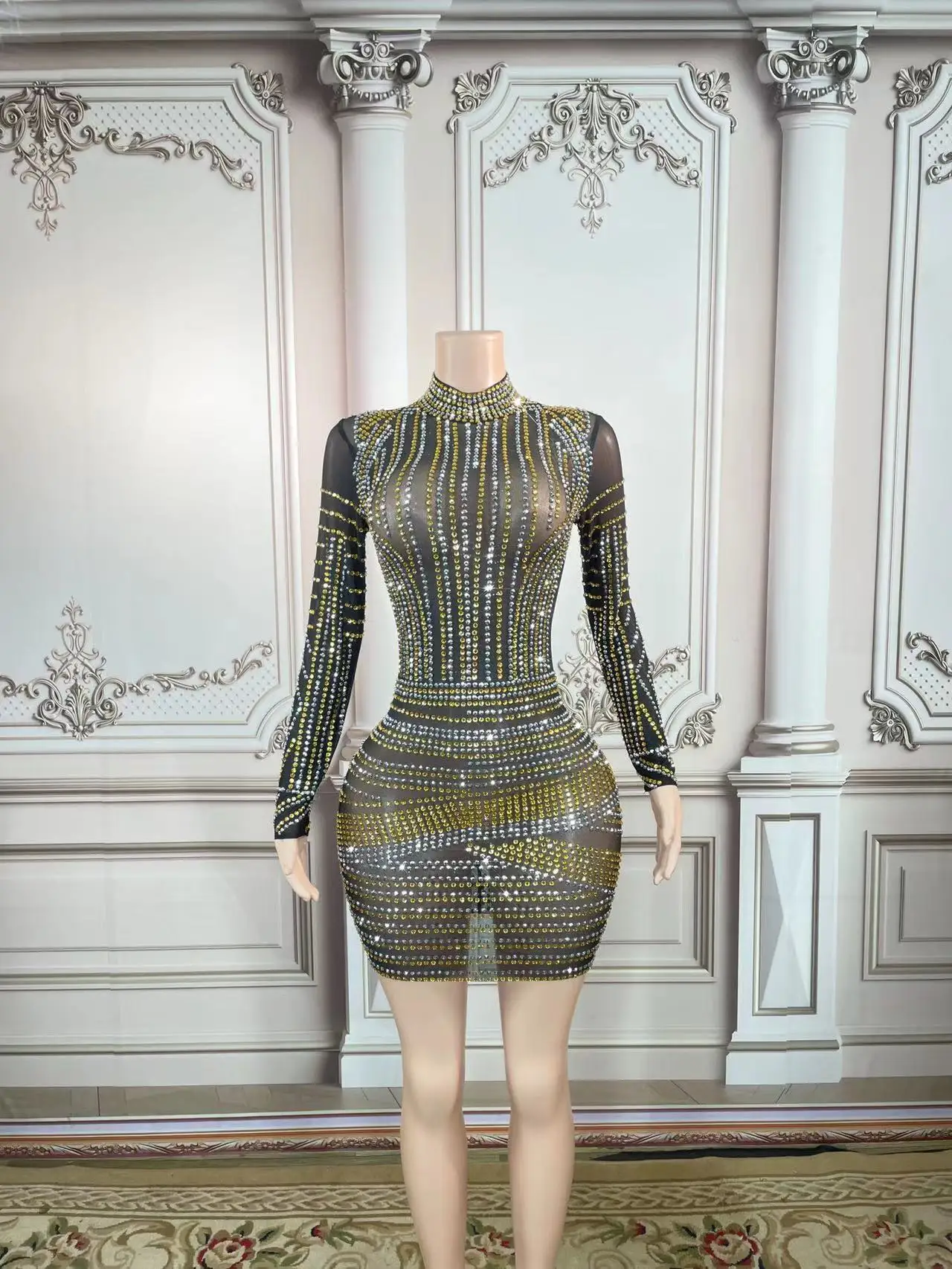 Luxurious Full Gold Silver Short Black Dress for Women Sexy Mesh Transparent Evening Prom Party Birthday Dress Dance Club Wear
Luxurious Full Gold Silver Short Black Dress for Women Sexy Mesh Transparent Evening Prom Party Birthday Dress Dance Club Wear