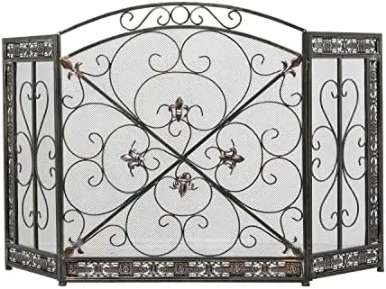 

Foldable Mesh Netting 3 Panel Fireplace Screen with Fleur De Lis and Scrollwork Designs, 52" x 1" x 31", Black