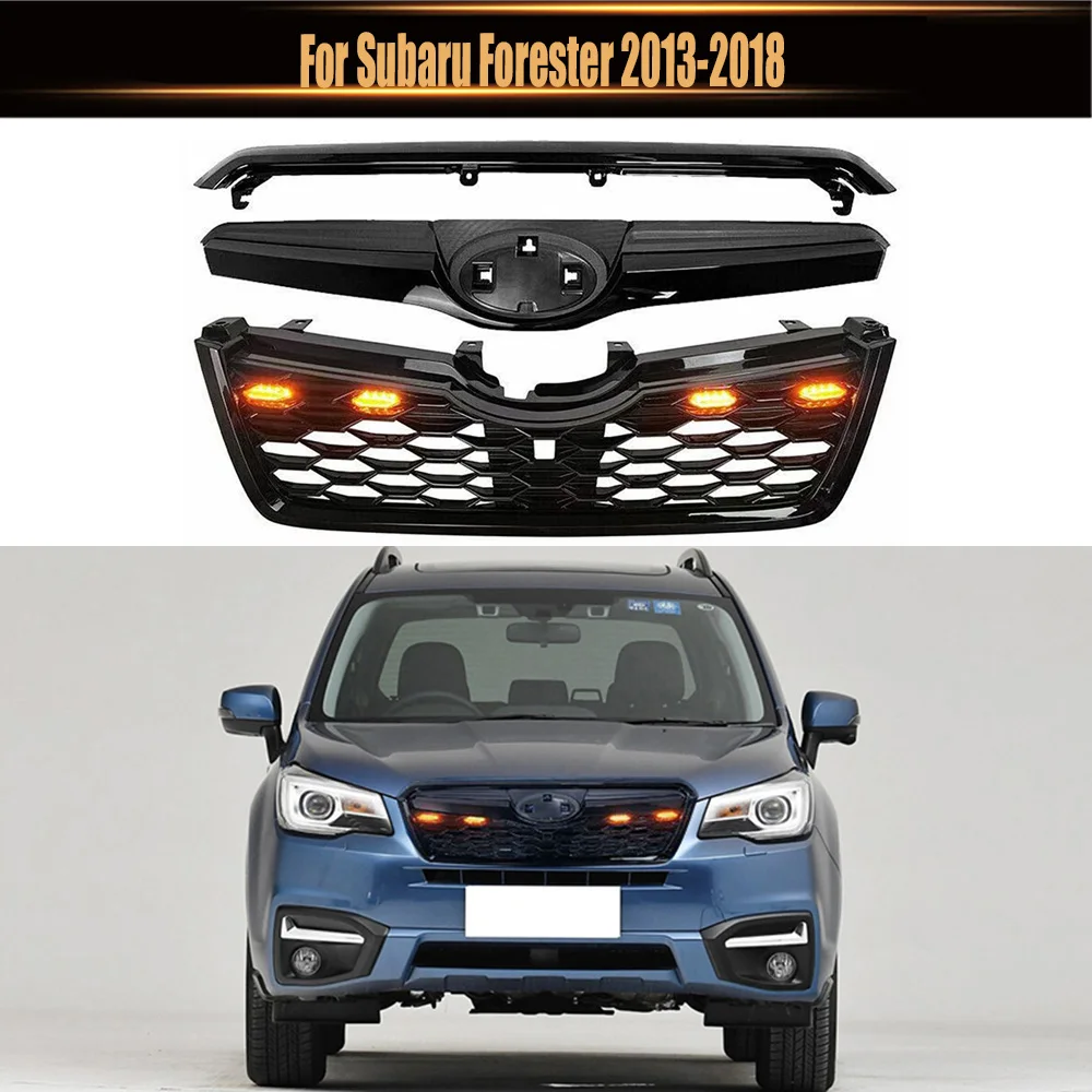 

Для Subaru Forester 2013-2018, верхний бампер, решетка радиатора, гоночные решетки, глянцевый черный ABS Стиль, передний решетчатый Набор W. Фонари светодиодный