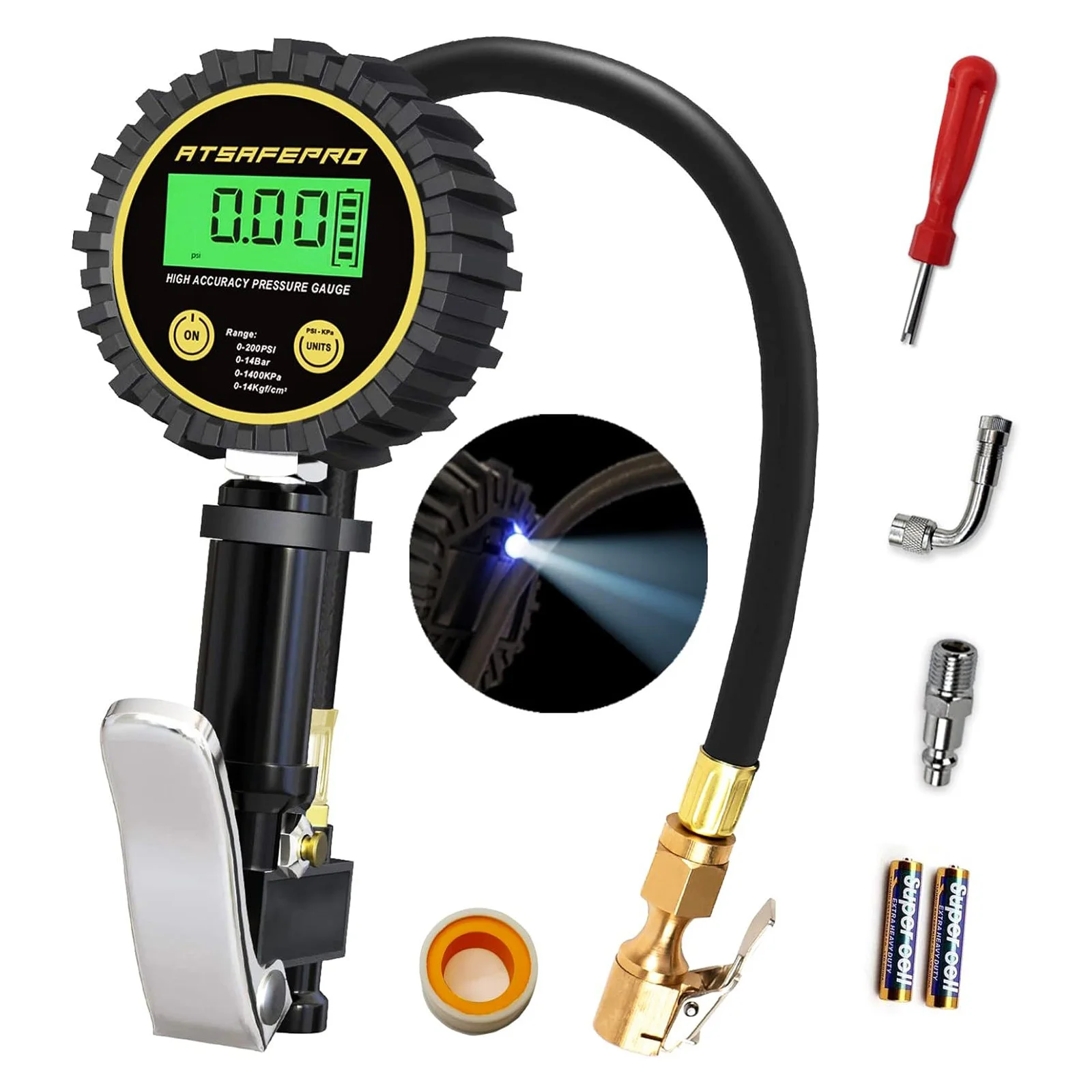 

ATsafepro Tyre Pressure Gauge And Inflator Digital Tyre Inflator Gauge 200 PSI Heavy Duty Tyre Inflator Air Tool Accessories