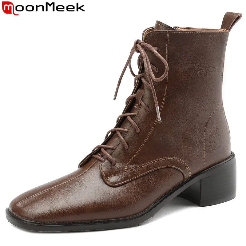 

MoonMeek 2023 New Genuine Leather Zipper Winter Boots Office Ladies Narrow Band Ankle Boots Square Med Heels Women Shoes