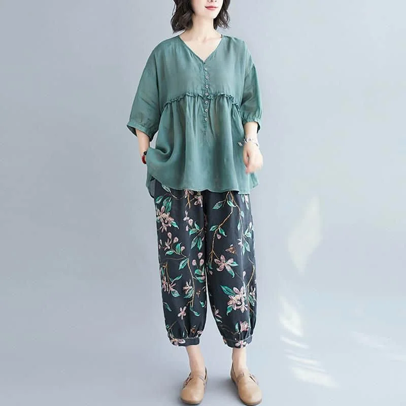 

Literature Pants Sets Vintage Half Sleeve T-shirts and Casual Harem Pants Oversized Korean Style Two Piece Sets Women Outfits
