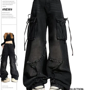 Calças Capri Jeans Baggy Femininas no Estilo Y2k: Estilo Retro e Conforto Casual 8 Women's Black Gothic Baggy Cargo Jeans with Star Harajuku Y2k 90s Aesthetic Denim Trousers Emo 2000s Jean Pants Vintage Clothes