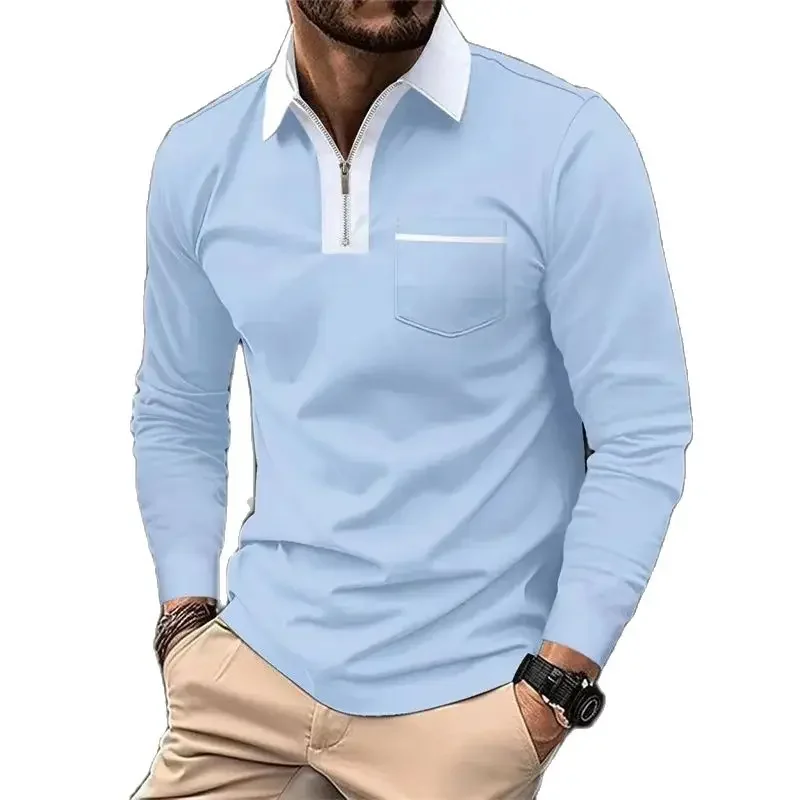 

Fashion Colour Blocking Lapel Polo Shirt Men Bust Splice Pocket Urban Commuter Tops Male Autumn Winter Slim Fit Pullover Blouse