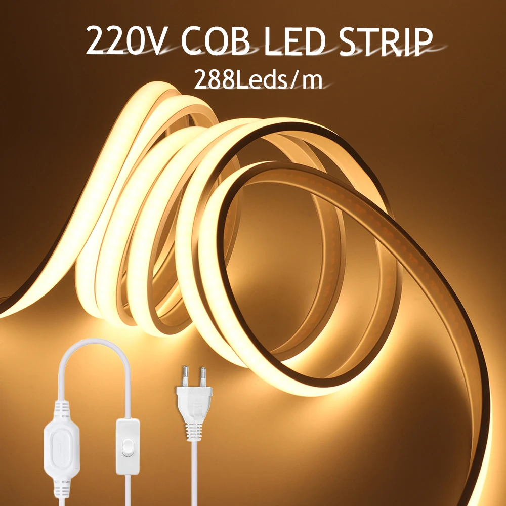 

Dimmable COB LED Strip Neon Light 220V 288leds/m Super Bright FOB LED Ribbon Tape RA90 3000K 4000K 6000K Waterproof Led Stripe