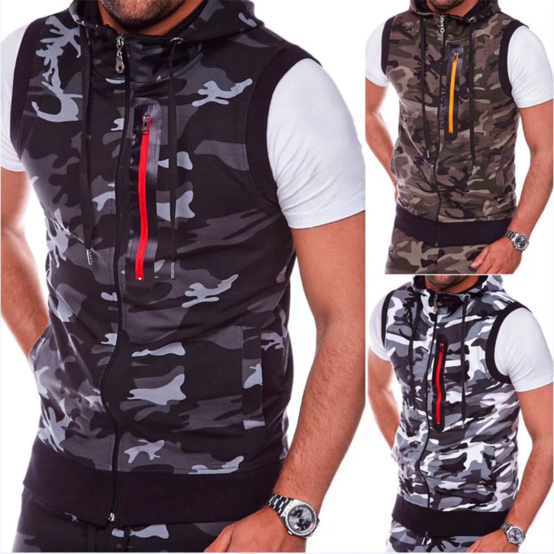 

2023 New Men Bodybuilding Tank Tops Sleeveless Hoodies Man Casual Camouflage Hooded Vest Male Camo Clothing ﻿ ﻿