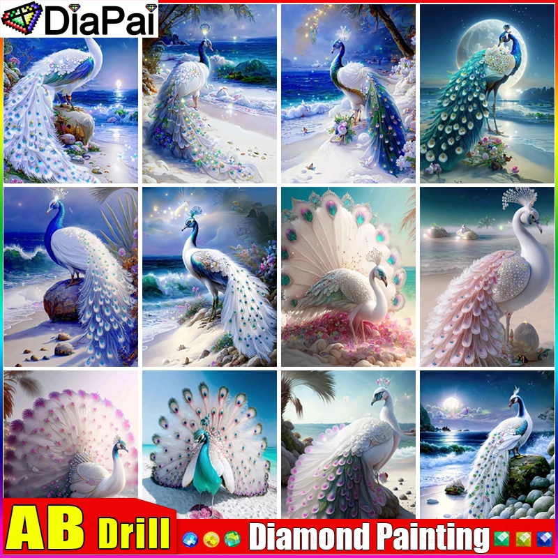 

DIAPAI AB Diamond Painting Full Square/Round Drill 5D DIY"Peacock Animal Beach"Daimond Embroidery Rhinestone Cross Stitch Decor