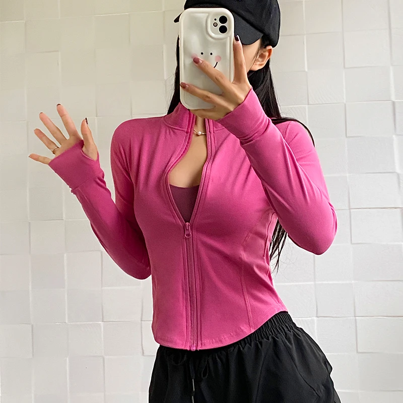 

Sport Coat Women Slim Stand Collar Zipper Tight High Elastic Yoga Jacket Running Trainning Non-slip Long Sleeve Workout Tops