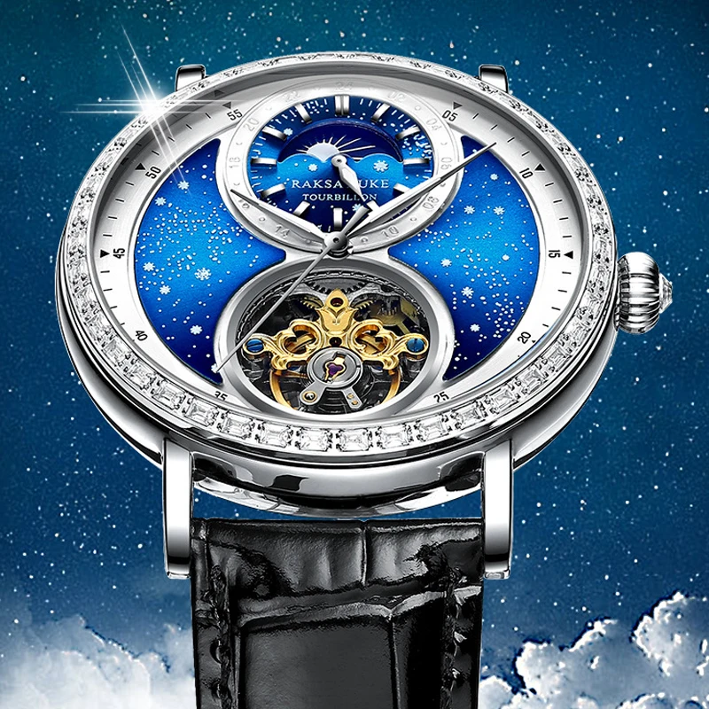 

Starry Tourbillon Skeleton Automatic Watch for Men Luxury Diamond Moon Phase Mechanical Mens Watches Waterproof Montre Homme New