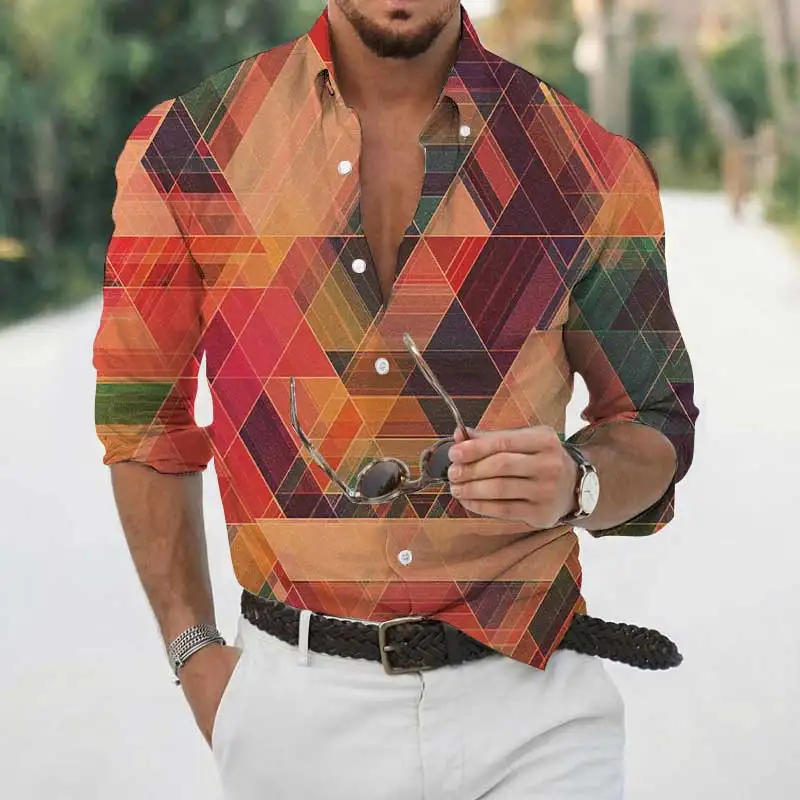 

Autumn Fashion Social Men Shirts Turn-down Collar Buttoned Shirt Casual Triangle Print Long Sleeve Tops Mens Clothing Cardigan