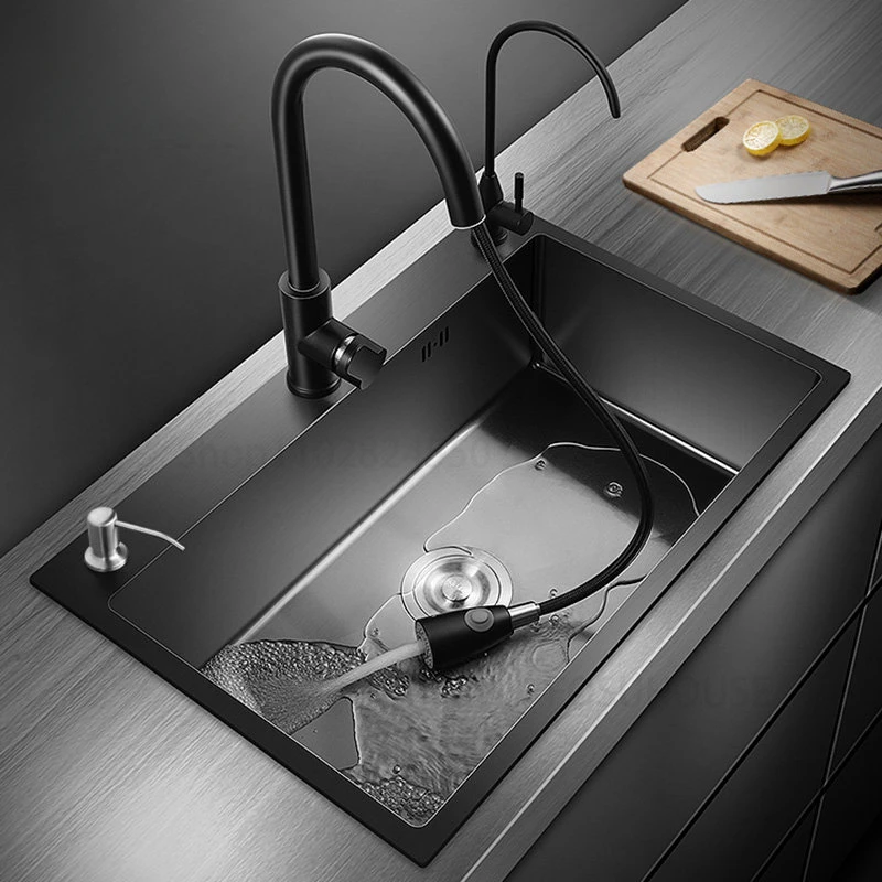 

Household 304 Stainless Steel Kitchen Sinks Single Slot Black Nano Wash Basin Under The Counter Washing Sink Kitchen Accessories