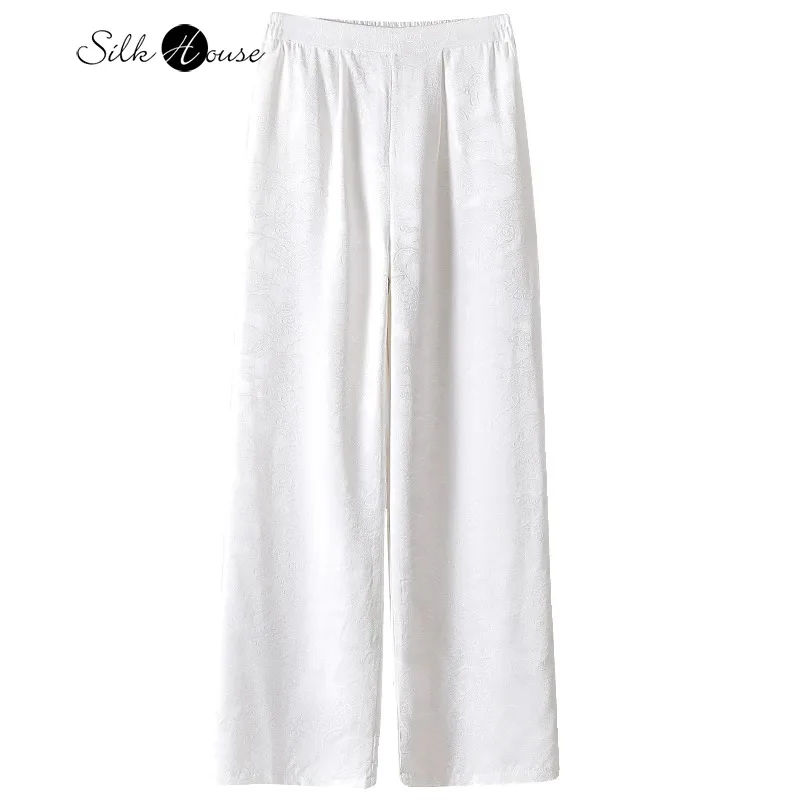 

2024 Women's Summer New 30MM Heavyweight 100%Natural Mulberry Silk Jacquard Satin Loose White Casual Straight Leg Pants