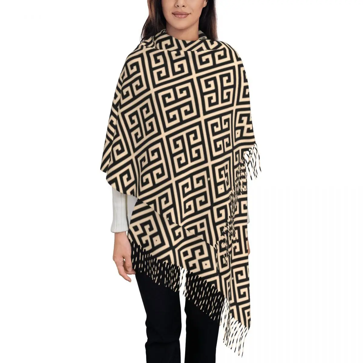 Luxury Greek Meander Black And Beige Design Tassel Scarf Women Winter Fall Warm Shawl Wrap Female Scarves
Luxury Greek Meander Black And Beige Design Tassel Scarf Women Winter Fall Warm Shawl Wrap Female Scarves