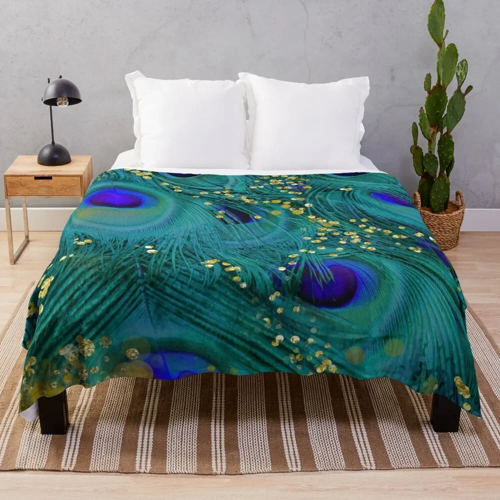 

Dreamy peacock feathers, teal and purple, glimmering gold Throw Blanket Luxury Thicken For Sofa Thin Beautifuls Blankets