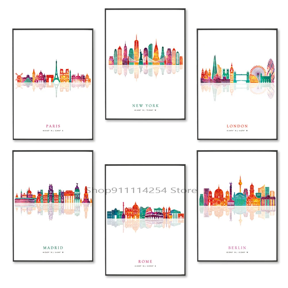 

Paris London New York Madrid City Skylines Nordic Posters and Prints Wall Art Canvas Paintings Wall Pictures Living Room Decor