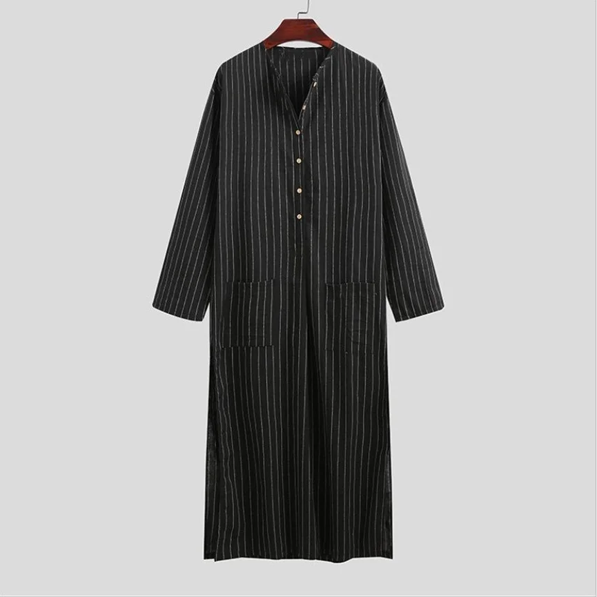 

Muslim Men's Robes Arabian Bottom Striped Shirt Ethnic Clothing Long Sleeves Retro Kaftan 2023 Islamic Arabic Male Jubba Thobe