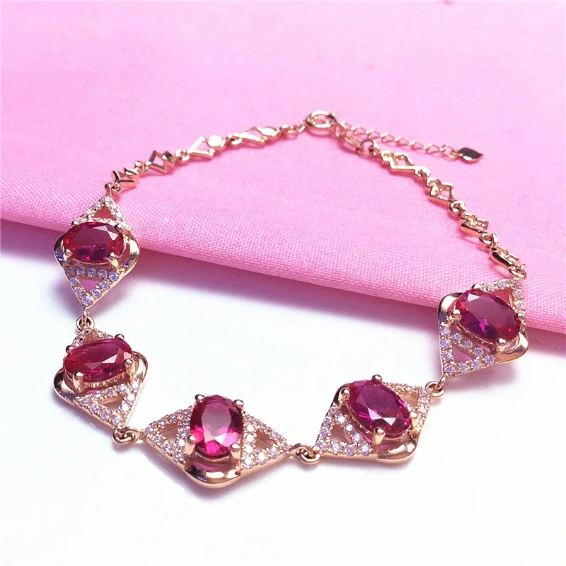 

585 Purple Gold Classic Inlaid Red Gemstone Charm Bracelet for Women Plated 14K Rose Gold Bangles Wedding Jewelry Gift