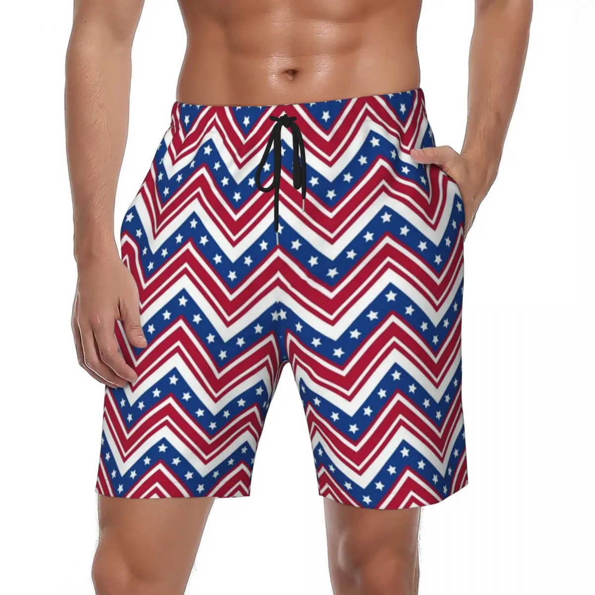 

Zigzag Stripes Board Shorts Summer White Stars Print Running Beach Short Pants Man Quick Drying Casual Plus Size Swim Trunks