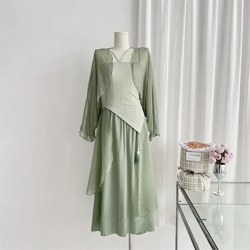 Зеленый кардиган, комплект из трех предметов с длинным комплектом, женское нежное приталенное платье-рубашка на шнуровке в несколько рядов
Зеленый кардиган, комплект из трех предметов с длинным комплектом, женское нежное приталенное платье-рубашка на шнуровке в несколько рядов