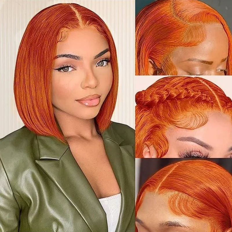

Colored Bob Wigs Ginger Orange Short Blunt Cut Bone Bob Brazilian Remy Hair 13X4 HD Lace Frontal Human Hair Wigs Pre Plucked
