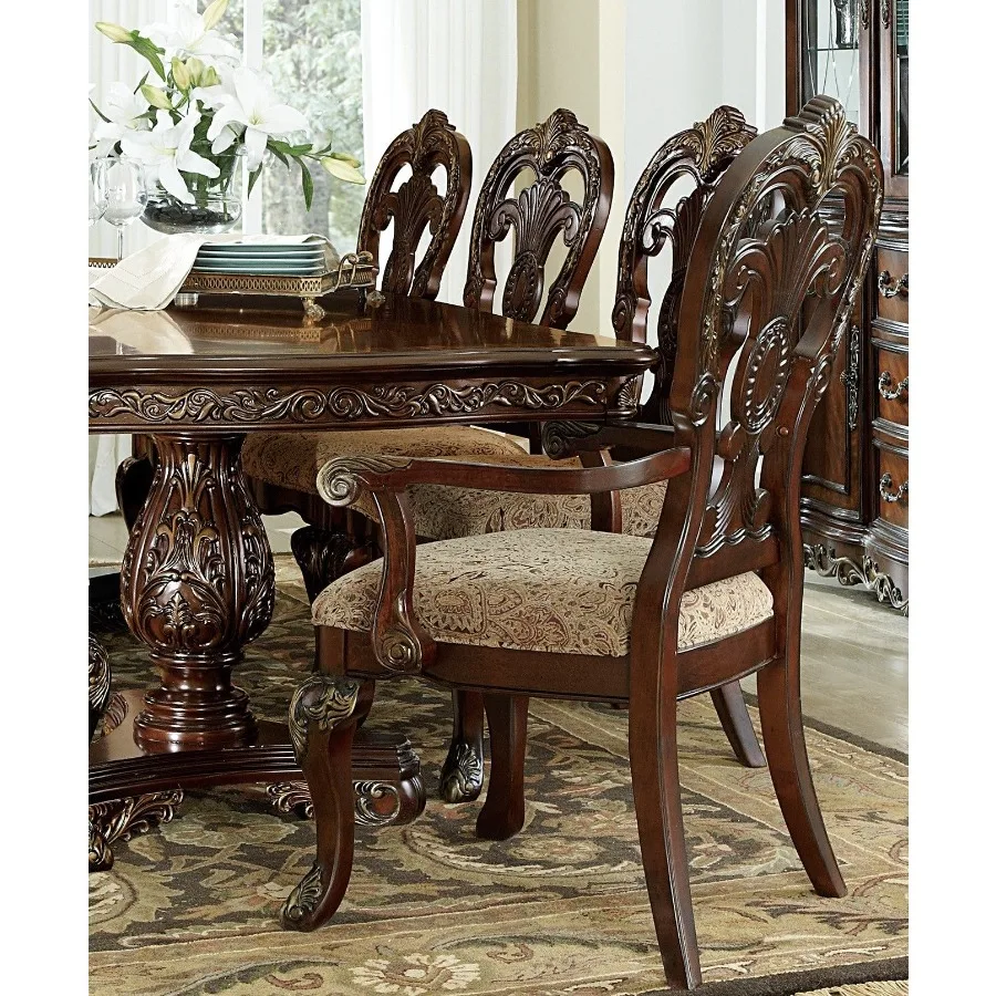 Traditional Formal Armchairs Set of 2 Cherry Finish with Gold Tipping Fabric Upholstery Wooden Dining Room Furniture Traditional Formal Armchairs Set of 2 Cherry Finish with Gold Tipping Fabric Upholstery Wooden Dining Room Furniture
