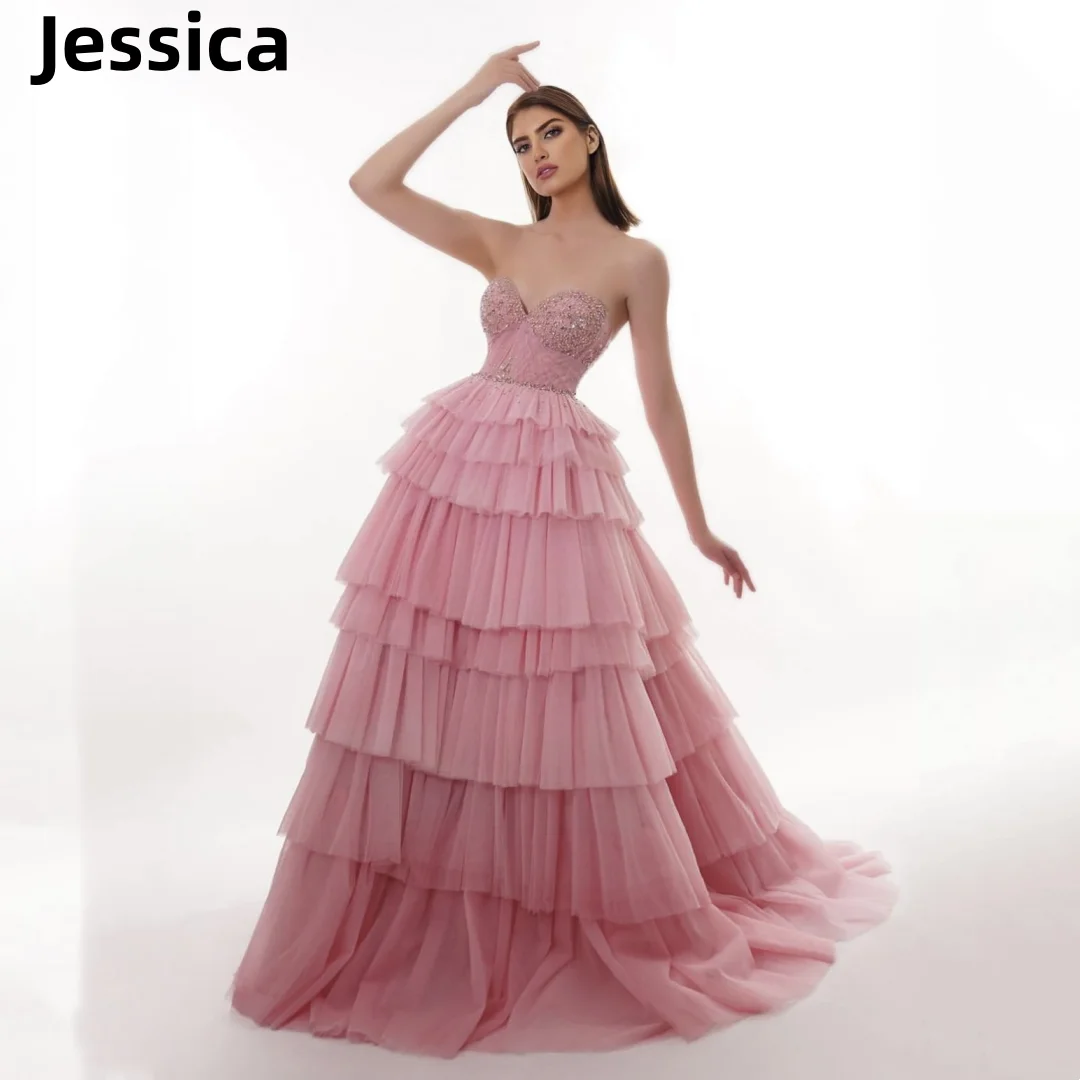 

Jessica pink Graduate Prom Dress Glitter Beads Vestidos De Fiesta Strapless Gauze Layered Formal Occasions Graduate Party Dress