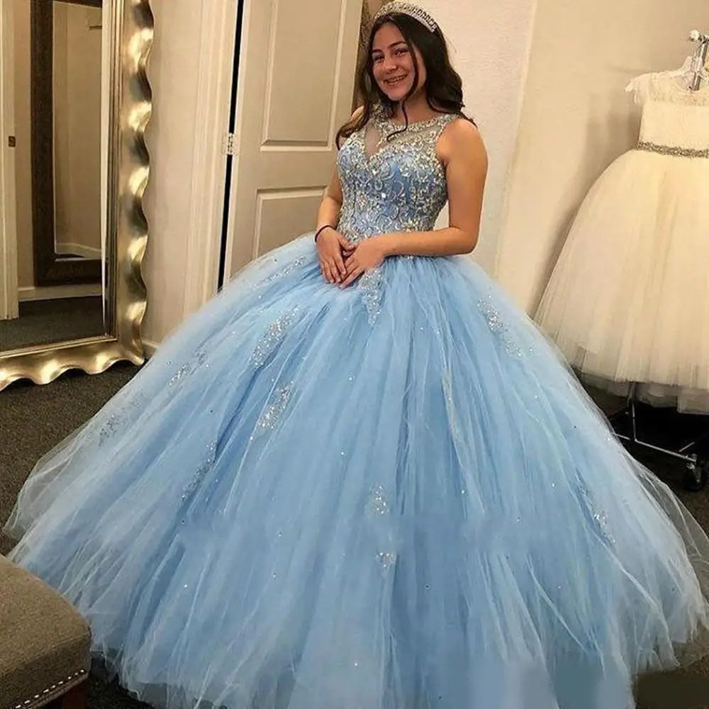 

Moden Sky Blue Luxury Ball Gown Quinceanera Dresses Sheer Neck Crystals Beaded Princess Vestidos De Baile Party Dresses