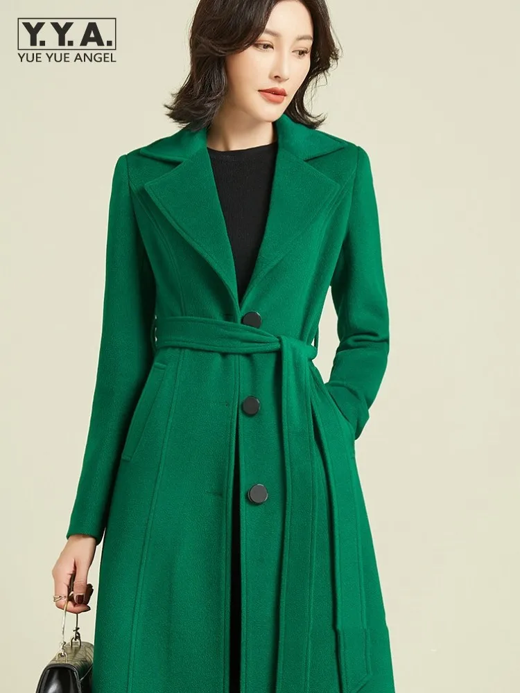 

Women Wool Coat Slim Fit Solid Vintage Elegant Office Lady Woolen Blends Overcoat Autumn Winter Single Breasted Long Trench Coat