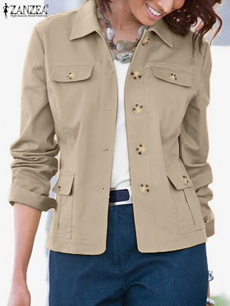 

Women Jackets ZANZEA Elegant Spring Long Sleeve Outwear Fashion Lapel Neck Coats Causal Tops Solid Buttons Down OL Work Coat
