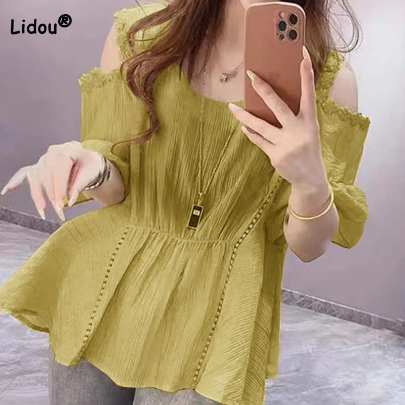 

Women's Clothing New Short Sleeve Off Shoulder Casual Blouse 2023 Summer Korean Simplicity Solid Color All-match Spliced Shirt