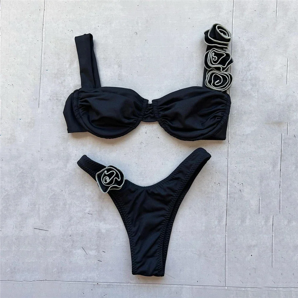 

Sexy Flower Underwired Black Bikinis Set Women Push Up Swimwear Wrinkled Swimsuit High Cut Bathing Suit Brazilian Bikini 2024