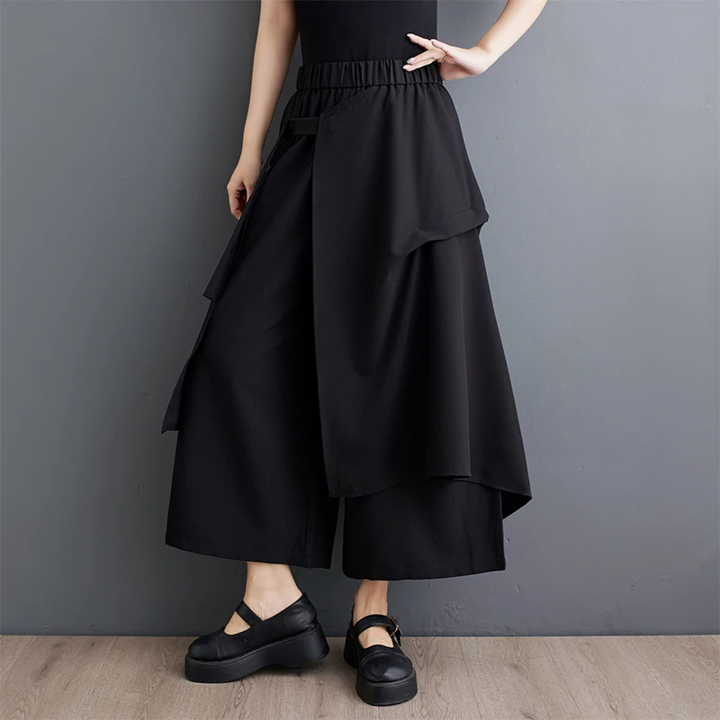 

European American Style Patchwork Ruffle High Waist Loose Black Summer Wide leg Pants Street Fashion Women Casual Pants Culotte