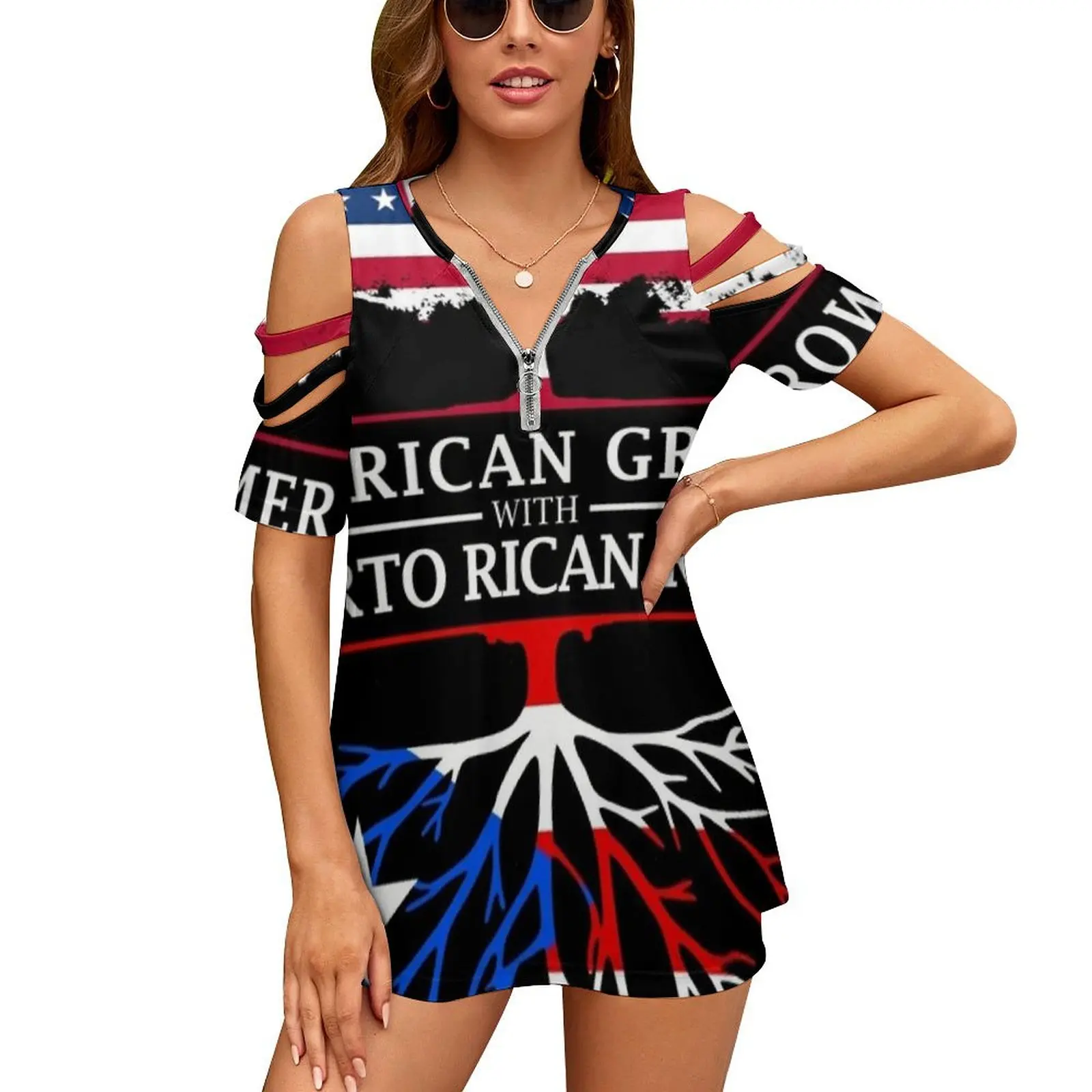 

American Grown With Puerto Rican Roots Puerto Rico Design Women'S T-Shirt Summer Fashion Print Floral V-Neck Zipper Tshirt