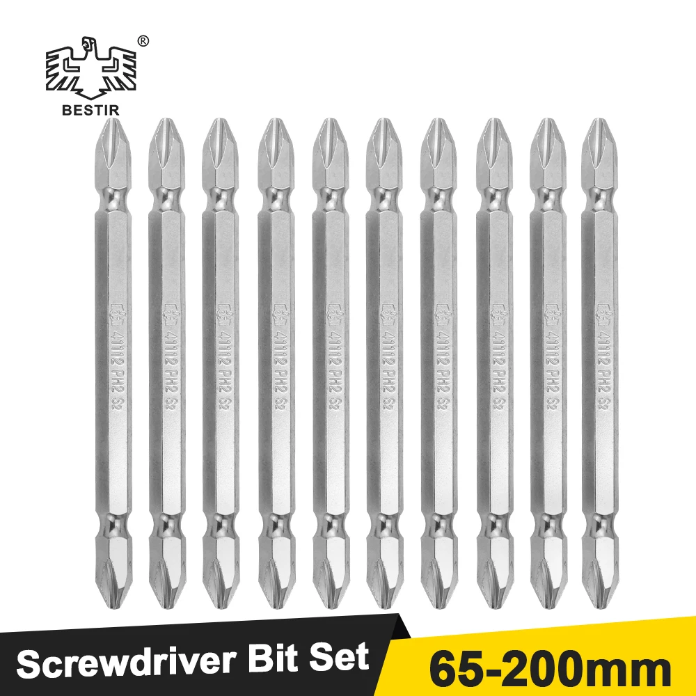 

BESTIR 10pcs Screwdriver Bit Set 65-200mm 1/4" Shank S2 Alloy Double Ended PH1 PH2 PH3 Strong Magnetic Cross Phillips Batch Head