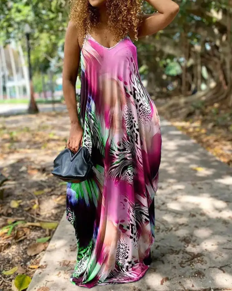 

Women's Summer Skirt Hawaiian Vacation Beach Strap V-Neck Drop Leopard Pattern Tie Dyed Italian Noodle Strap Skirt
