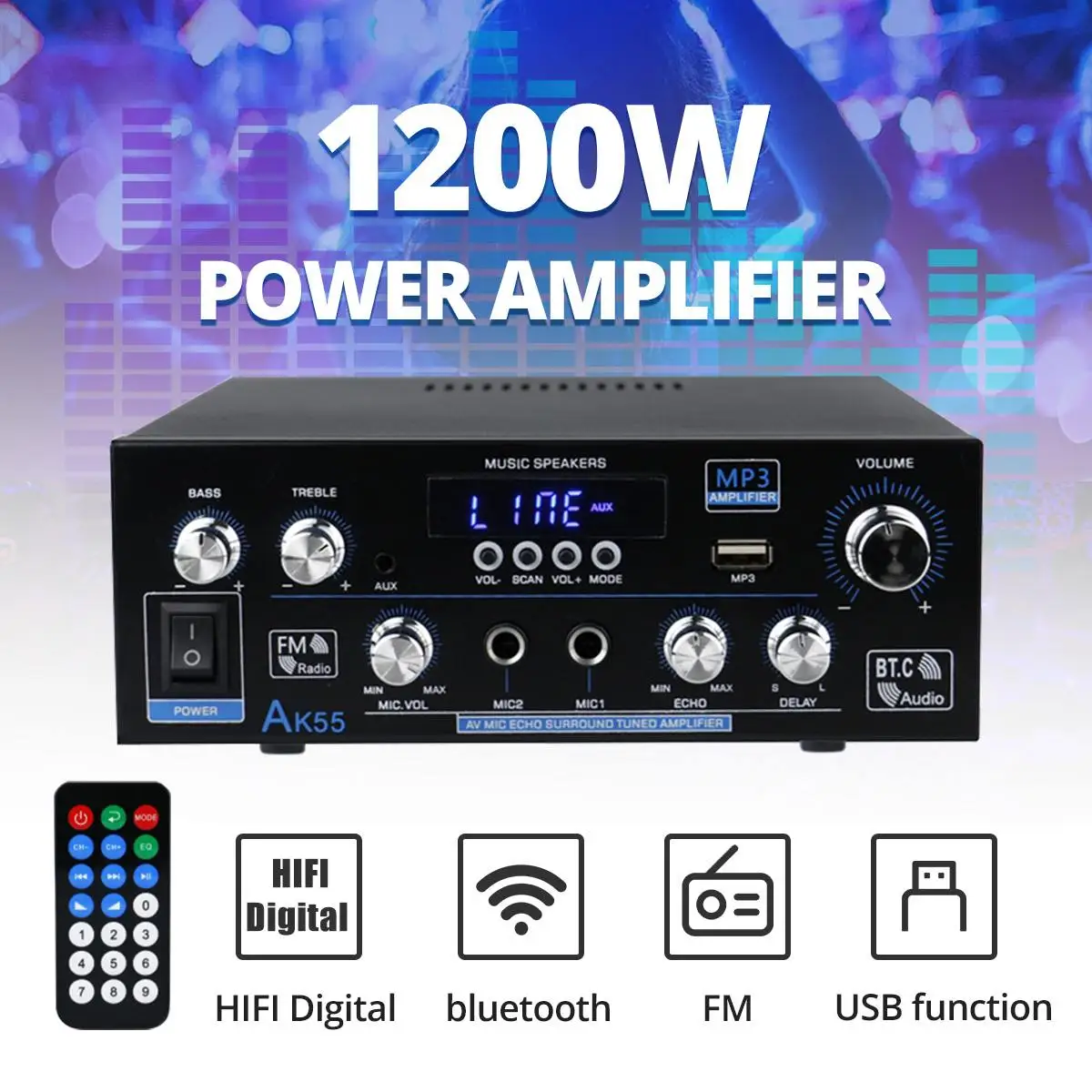 

Upgraded AK55 1200W Mini Hi-Fi Digital bluetooth-compatible 5.0 110-240V Wireless Power Amplifier for Car Home Audio Use