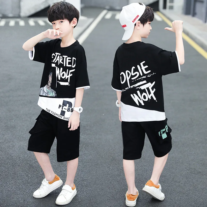 

Summer Casual Boys Cotton Contrast Alphabet T-Shirt Tops+Short Pant Sets School Kids Tracksuit Child 2PCS Jogging Outfit 3-14Yrs