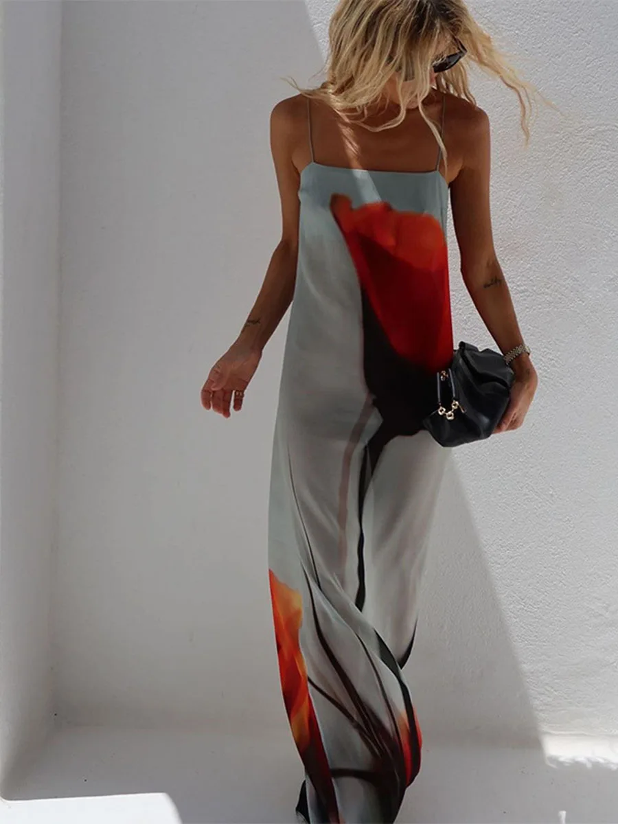 

Women s Summer Cami Long Dress Spaghetti Strap Abstract Flower Print Sheer Mesh Backless Slip Dress Cover Up