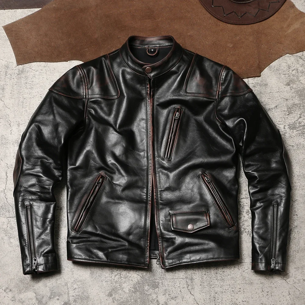 

Venom Biker Leather Jacket Vintage Distressed Hard Tea-core Cowhide Jacket Stand Collar Slim Fit Clicker Leather Jacket