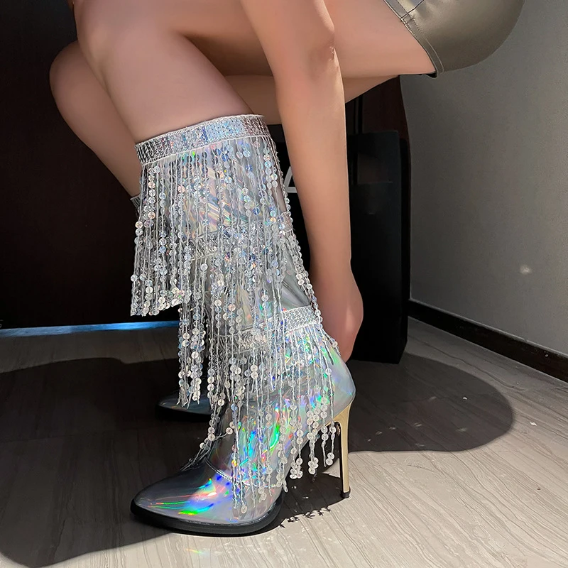 Bling Sequins Tassel Knee Boots Woman Shoes Silver Black Laser Leather Pointed Toe High Heel Stage Performance Boots
Bling Sequins Tassel Knee Boots Woman Shoes Silver Black Laser Leather Pointed Toe High Heel Stage Performance Boots