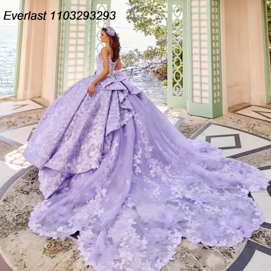 

EVLAST Lavender Lilac Quinceanera Dress Ball Gown 3D Floral Lace Applique With Cape Bow Sweet 16 Vestido 15 De XV Años TQD190