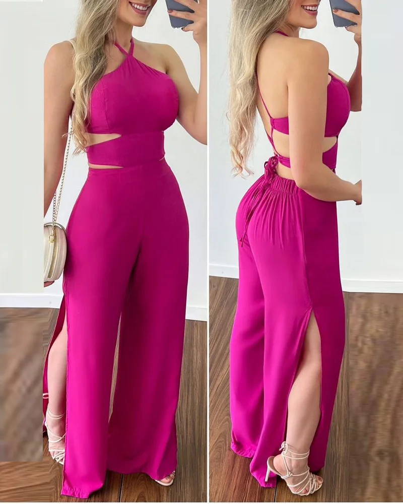 Criss Cross Backless Split Hem Halter Jumpsuit High Waist Spring Summer Sexy Sleeveless Fashion Overall Pants Jumpsuits Loose
Criss Cross Backless Split Hem Halter Jumpsuit High Waist Spring Summer Sexy Sleeveless Fashion Overall Pants Jumpsuits Loose