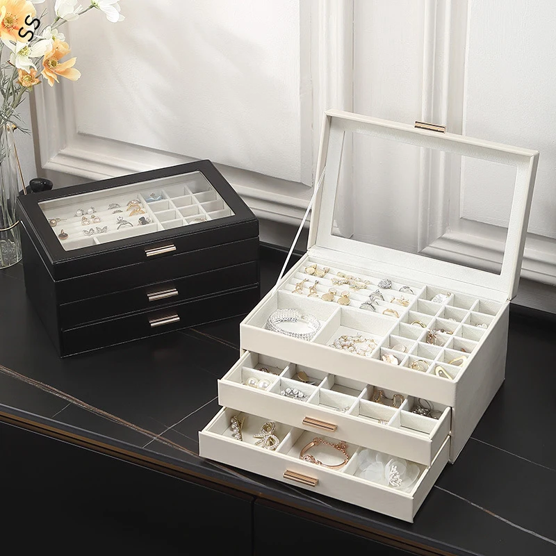 

Big Capacity Light Luxury Jewelry Storage Box Multi-layer Drawer PU Leather Flannel Jewel Carrying Case Organizer for Women