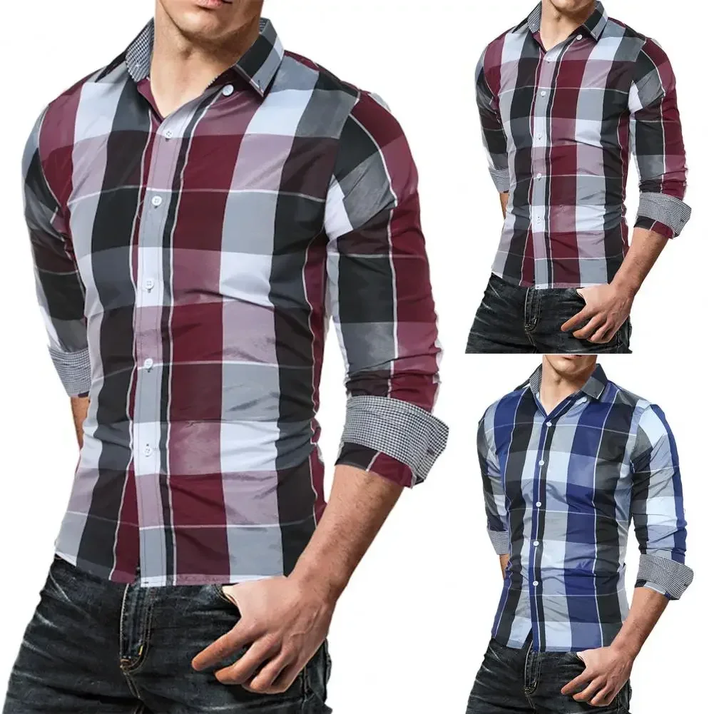 

Spring Men's Plaid Long-Sleeved Casual Shirt Regular Fit Classic Single Breasted Turn-down Collar Top For Work