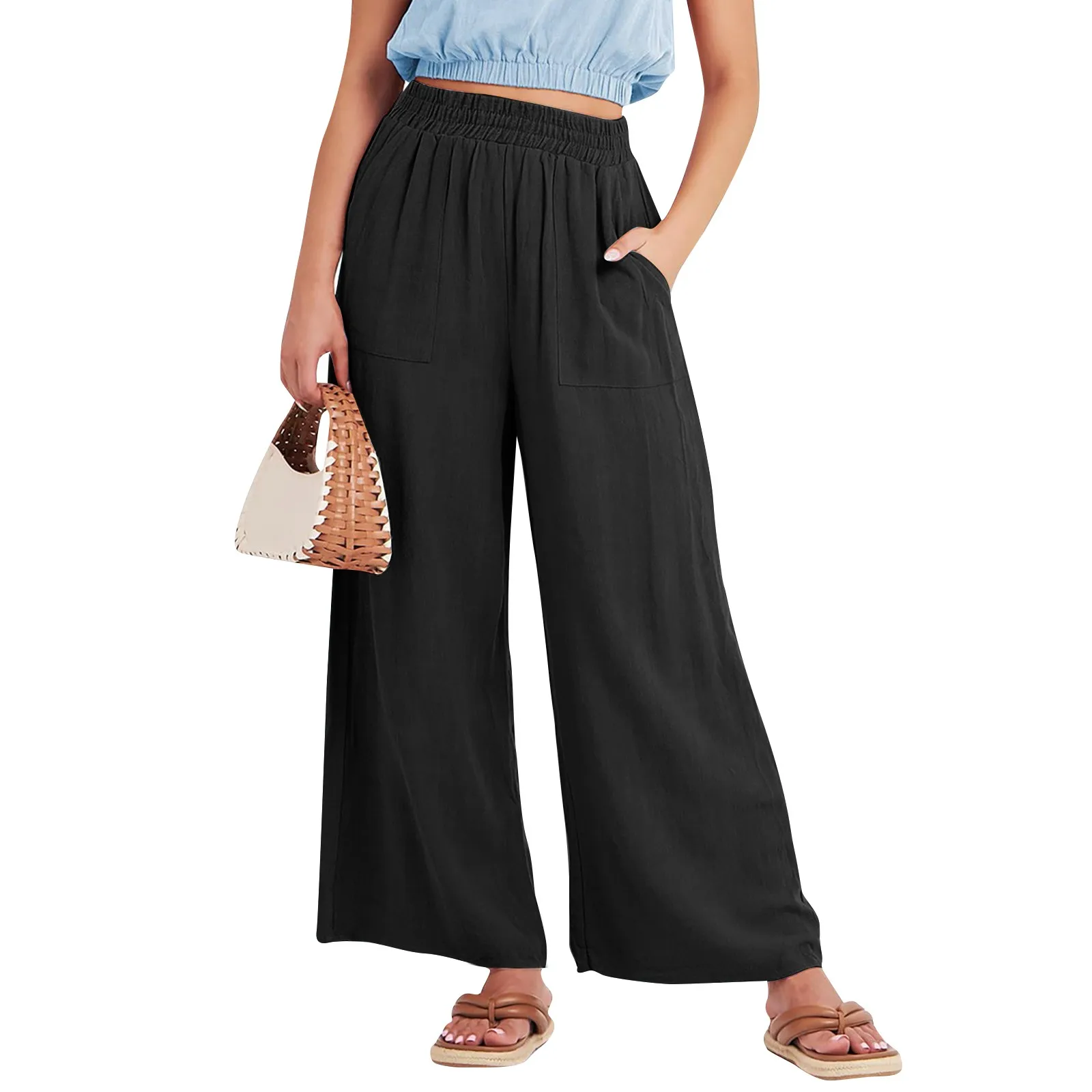 

Women's Summer Cotton Linen Wide Leg Pants Loose Fashion Palazzo Pant Pocket Elastic Waist Button Casual Pant ropa para mujer