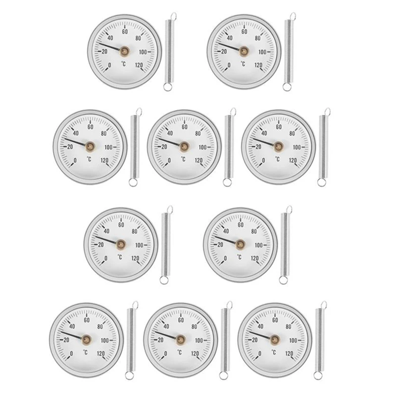 

10 PCS 63Mm Thermometer Pipe Clip-On Dial Thermometer Temperature Round Plate Gauge With Spring,Range 0-120℃, Aluminum Case