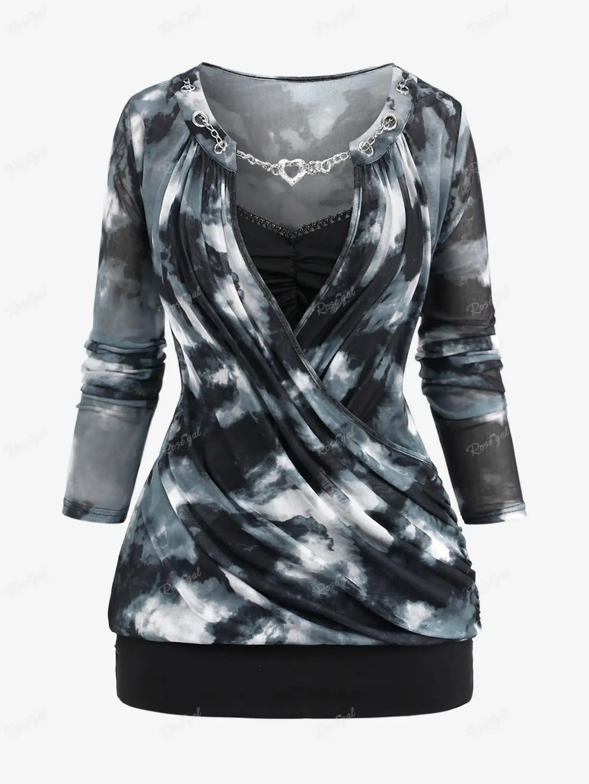 

ROSEGAL Plus Size Ink Painting Print Surplice T-shirt Chain Panel Ruched Lace Trim Tops Female Casual Long Sleeve Tees Blouses